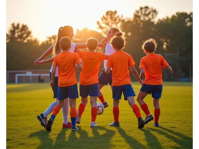 Equipo de fútbol juvenil celebrando un gol en el campo.