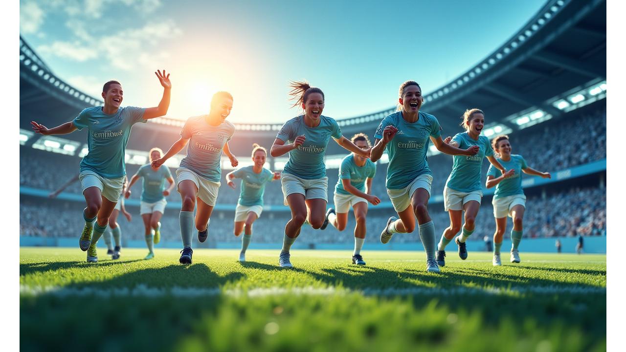 Equipo de fútbol celebrando una victoria, con siluetas de atletas corriendo en segundo plano y superposiciones de datos de rendimiento digital.