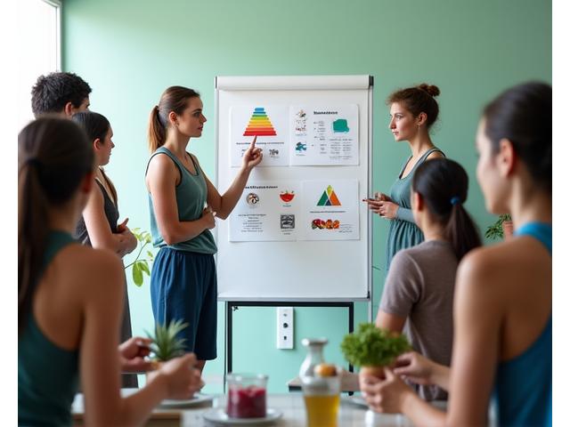 Grupo de atletas participando en un taller interactivo de conceptos básicos de nutrición deportiva.