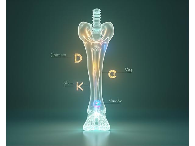 Radiografía estilizada de un hueso sano con indicadores de minerales clave como calcio, vitamina D y magnesio, mostrando un enfoque integral de la salud ósea.