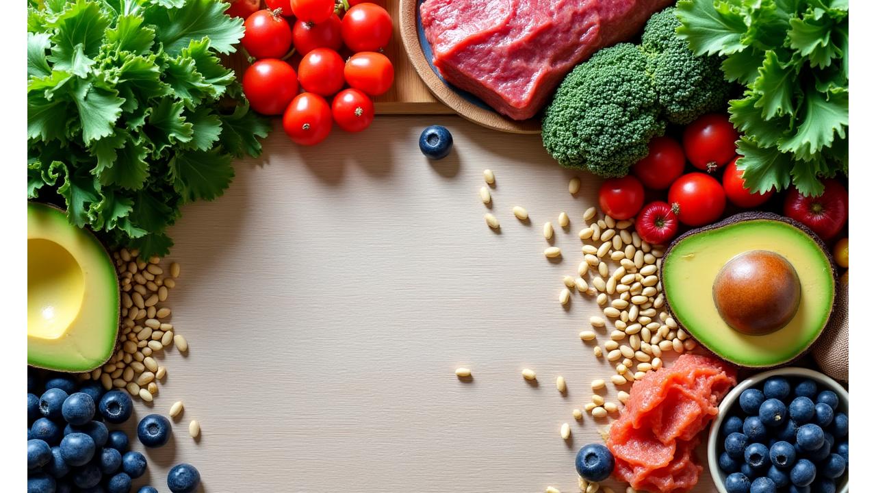 Variedad de alimentos ricos en minerales como espinacas, brócoli, nueces, aguacate y carnes magras, dispuestos artísticamente sobre una mesa de madera oscura con iluminación natural. Vegetales vibrantes y frutas frescas simbolizando vitalidad y nutrientes para deportistas.