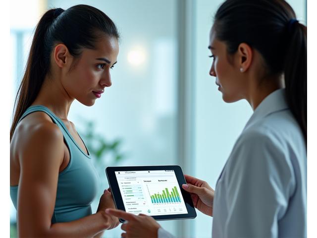 Un atleta en un laboratorio o setting clínico, un nutricionista explicando resultados de un análisis de sangre en una tablet, con gráficos de niveles minerales. Ambiente limpio y moderno que denota precisión y profesionalismo.