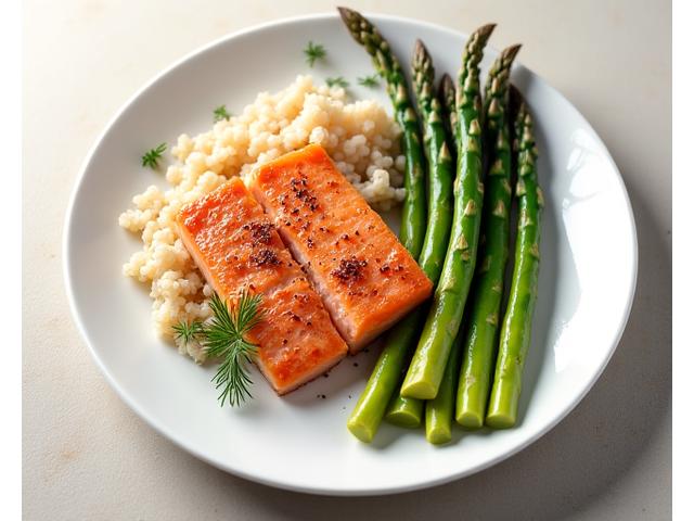 Plato de salmón al horno con brócoli tostado y quinoa, decorado con perejil fresco, visualmente apetitoso y saludable.