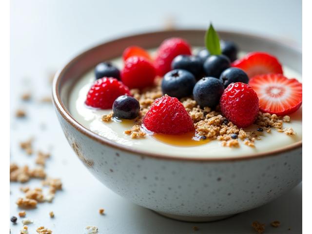 Bol de desayuno con yogur griego, bayas frescas, granola casera y semillas de chía, vibrante y lleno de antioxidantes.