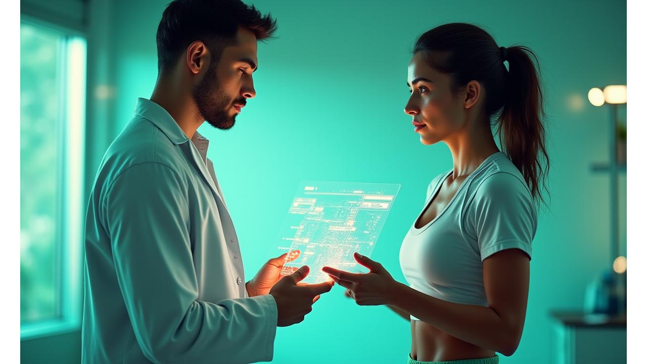 Atleta de alto rendimiento con equipo de monitoreo nutricional durante una consulta en Pyra Strength.