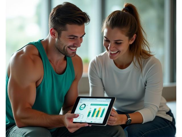 Atleta sonriente con su nutricionista revisando un plan de nutrición en una tableta, simbolizando el seguimiento y el éxito.
