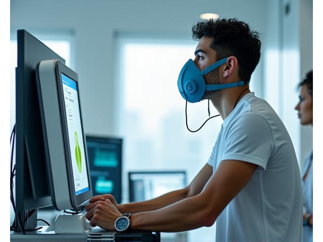 Atleta en una sala de pruebas con equipos de calorimetría indirecta.