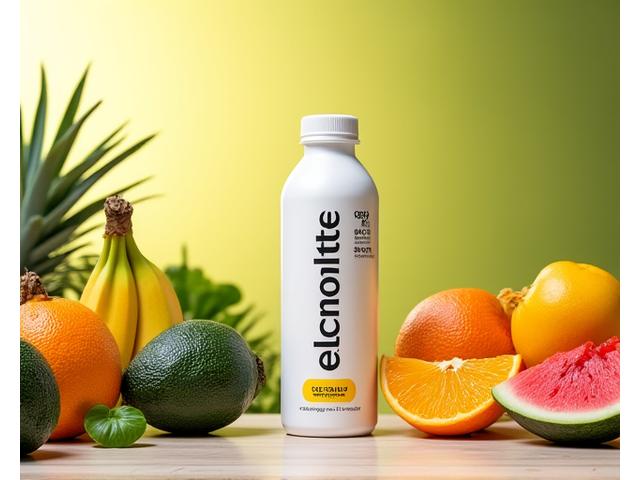Variedad de frutas frescas y verduras ricas en electrolitos como plátanos, aguacates, espinacas y naranjas, junto a una bebida deportiva de calidad.