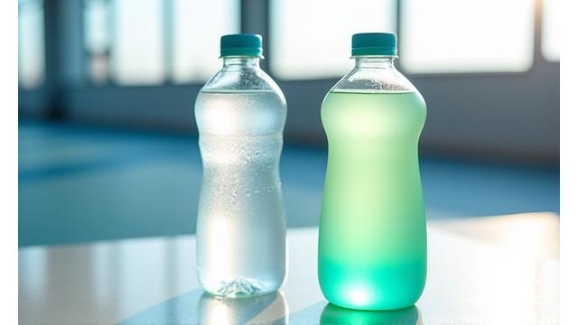 Botella de agua y bebida isotónica en pista de atletismo