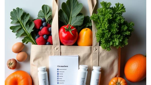 Cesta de compras con alimentos saludables y vitaminas