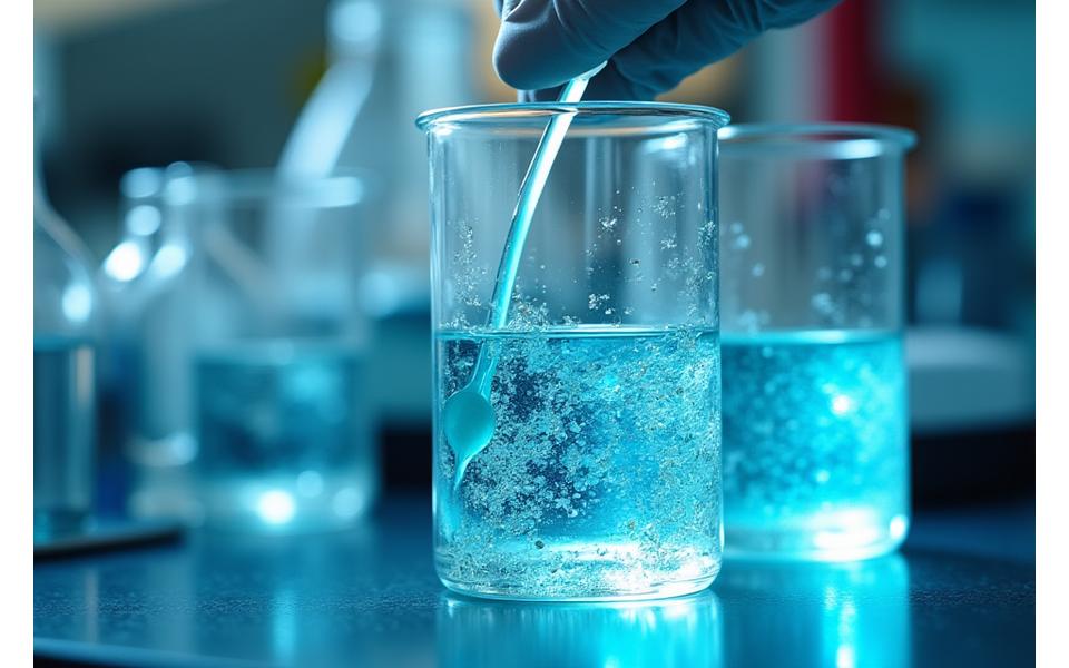 Científico analizando una bebida isotónica en un laboratorio con equipos de alta tecnología, enfocado en el contenido de electrolitos.