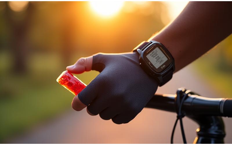 Atleta de triatlón ingiriendo un gel energético durante una competencia, con el reloj GPS visible en la muñeca.