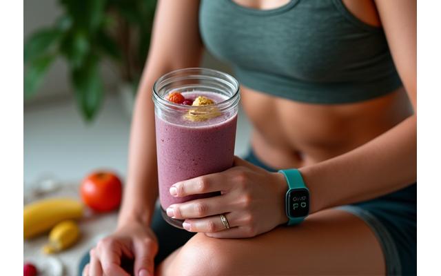 Atleta de ultra-maratón recuperándose después de una carrera, bebiendo un batido de proteínas y comiendo frutas frescas, con un equipo de monitorización de recuperación en segundo plano.
