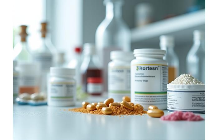 Cápsulas y polvos de suplementos deportivos especializados, dispuestos en un entorno limpio de laboratorio con instrumentos científicos de fondo. Enfoque en la calidad y la ciencia.