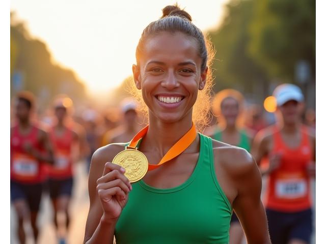 Retrato de Mariana Sánchez, corredora de maratón colombiana, sonriendo con su medalla de oro. Su rostro muestra determinación y salud radiante.