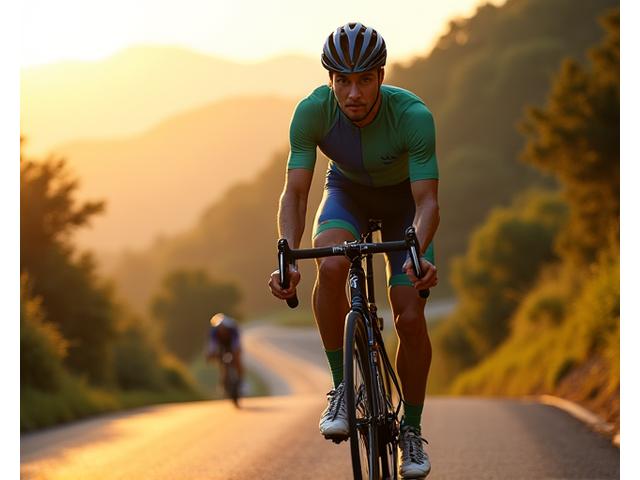 Carlos Restrepo, ciclista de ruta profesional, con su bicicleta en un paisaje montañoso colombiano. Se le ve concentrado y fuerte.