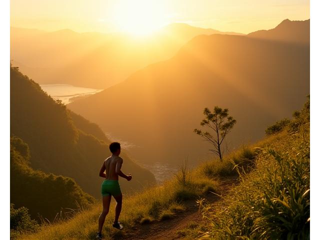 Un atleta en pleno movimiento, corriendo en un sendero montañoso al amanecer. La figura desprende una energía natural y duradera, con el sol saliendo detrás. La imagen transmite resistencia y vitalidad, con un enfoque en el paisaje natural.