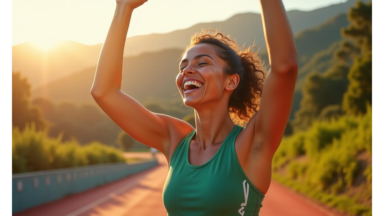 Atleta plant-based femenina celebrando una victoria, sonriendo y levantando los brazos, rodeada de un estadio vibrante y naturaleza exuberante. Su piel resplandece de salud y energía.