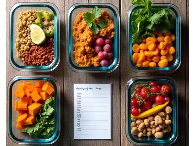 Mesa rústica de madera con varios contenedores de 'meal prep' listos, llenos de comidas plant-based coloridas y bien organizadas. Se ven ensaladas de quinoa, bowls de lentejas, vegetales asados y frutas frescas. La disposición es apetitosa y práctica.