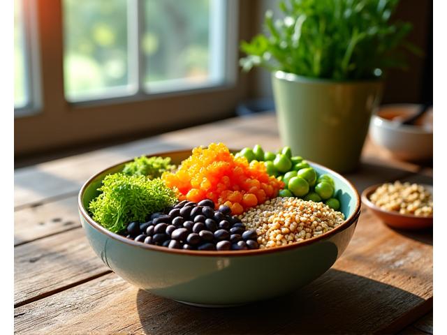 Un plato vibrante con diversas fuentes de proteína vegetal como quinoa, lentejas, tempeh y semillas, dispuesto artísticamente en un bowl sobre una mesa de madera. La iluminación es natural y cálida, resaltando la frescura y abundancia de los nutrientes.