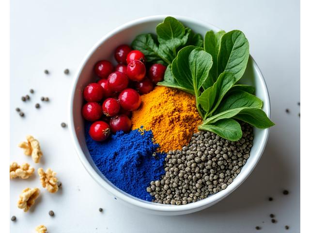 Un bowl de bayas coloridas, espinacas frescas, nueces y semillas de chía, con un aspecto vibrante y saludable. Estos alimentos son conocidos por sus propiedades antiinflamatorias y antioxidantes. La imagen es fresca y apetecible, enfocada en la riqueza de colores y texturas.