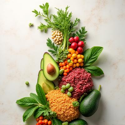 Un puñado de ingredientes frescos y variados como aguacate, quinoa, bayas, y legumbres dispuestos en forma de espiral ascendente, simbolizando una transición y progreso.