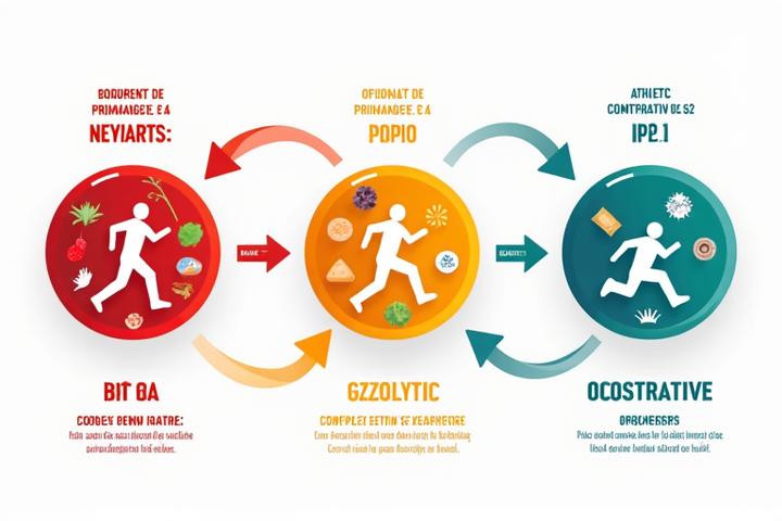 Infografía de los sistemas energéticos ATP-PC, glucolítico y oxidativo con alimentos ilustrados