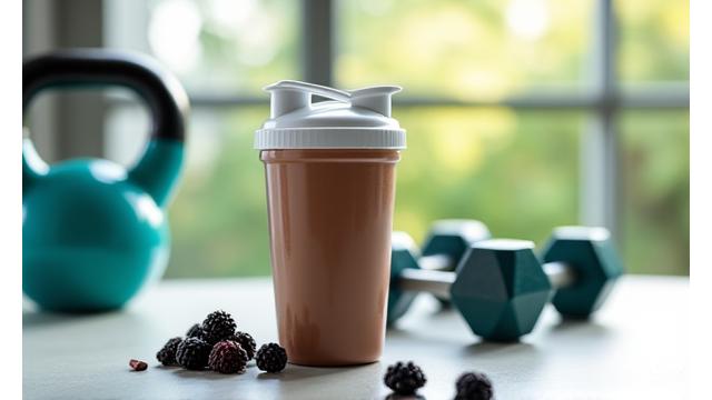 Batido de proteína y pesas en un gym, simbolizando nutrición para fuerza.