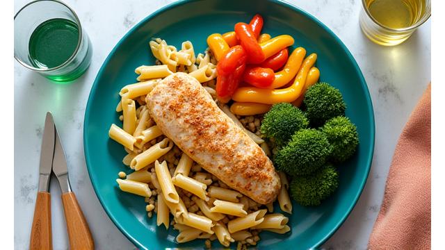 Comida energética para un atleta de resistencia: pasta integral, vegetales y proteína magra.