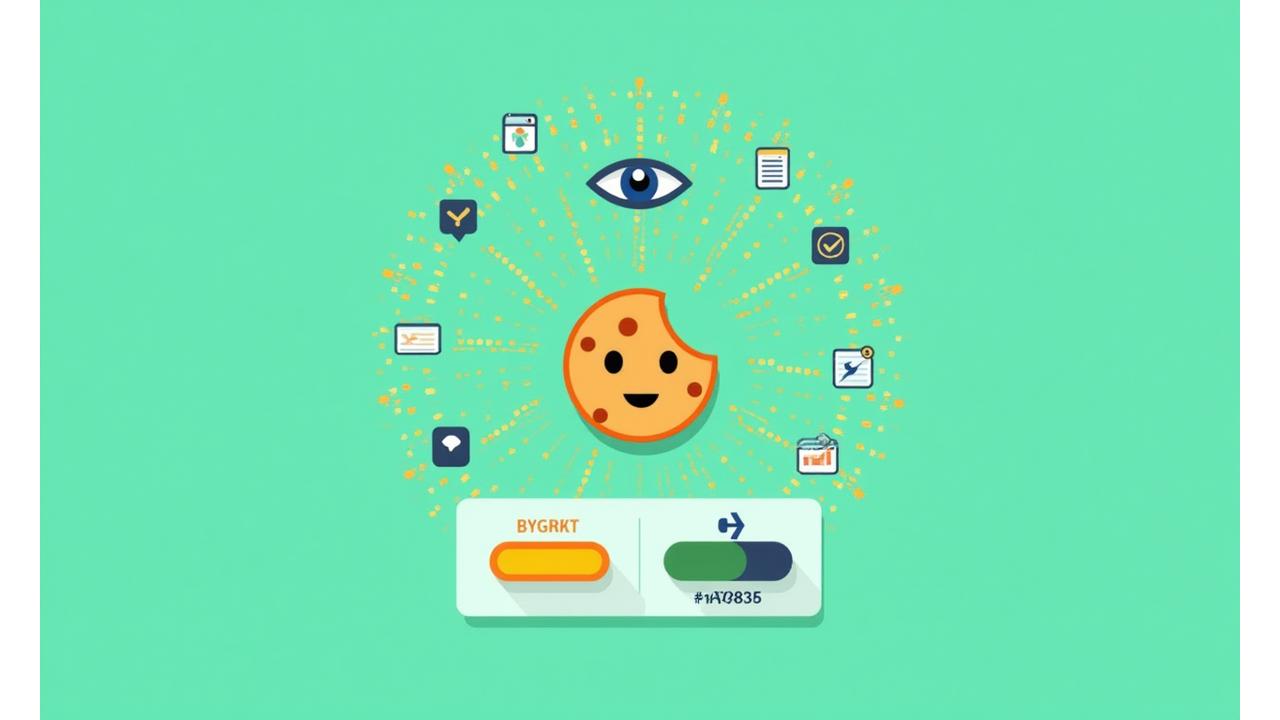 Ilustración digital de una cookie web y un ojo estilizado con flechas de seguimiento, representando la recopilación de datos de navegación. Elementos de privacidad como un escudo y una casilla de verificación se incluyen.