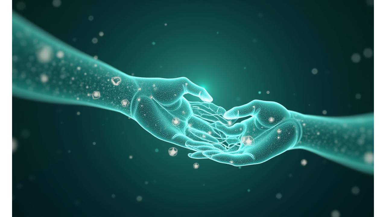 Ilustración abstracta de manos entrelazadas que simbolizan la colaboración y el intercambio, con flechas de datos moviéndose de forma segura entre entidades, destacando la transparencia en la revelación de información.
