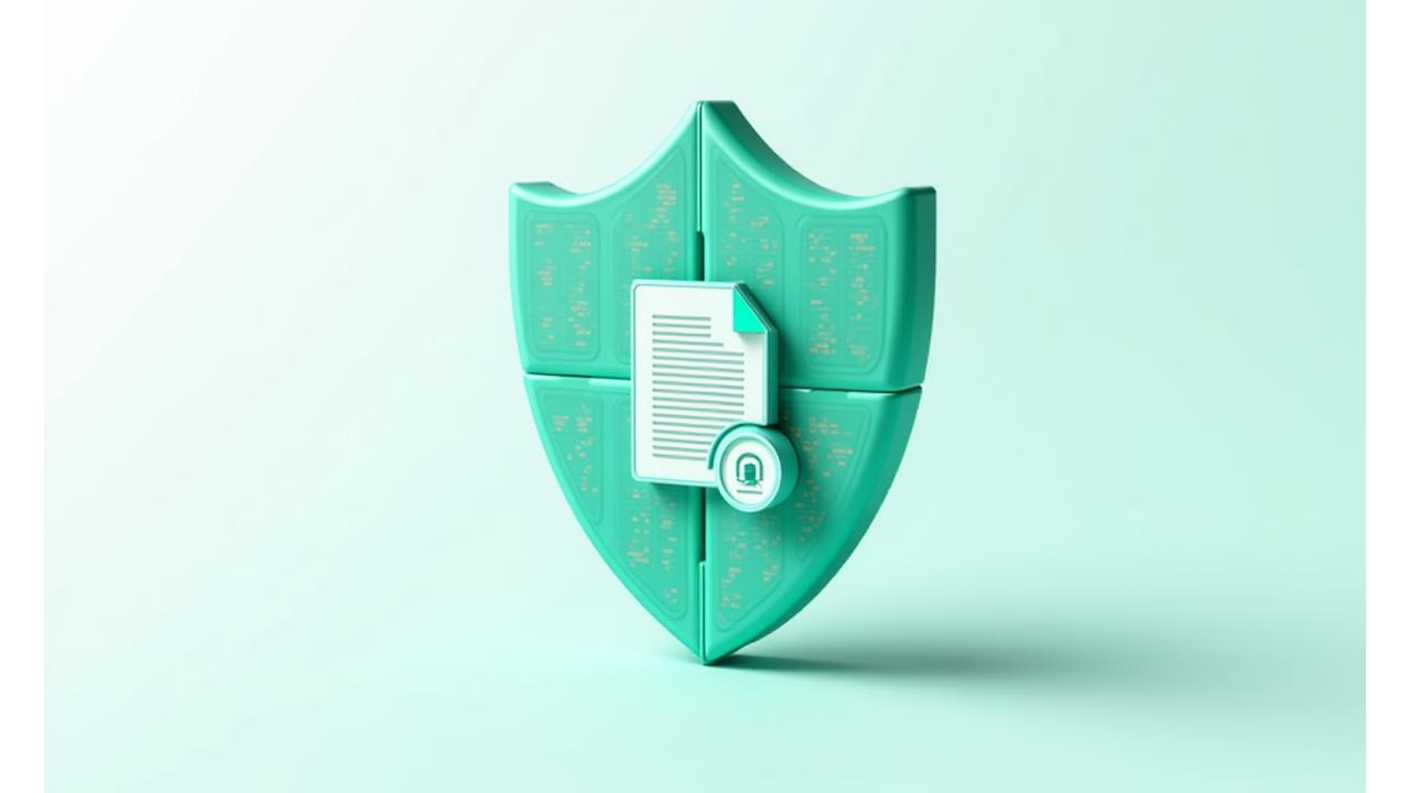 Representación de seguridad de datos con un candado digital y documentos encriptados, simbolizando la protección de información personal y de salud.