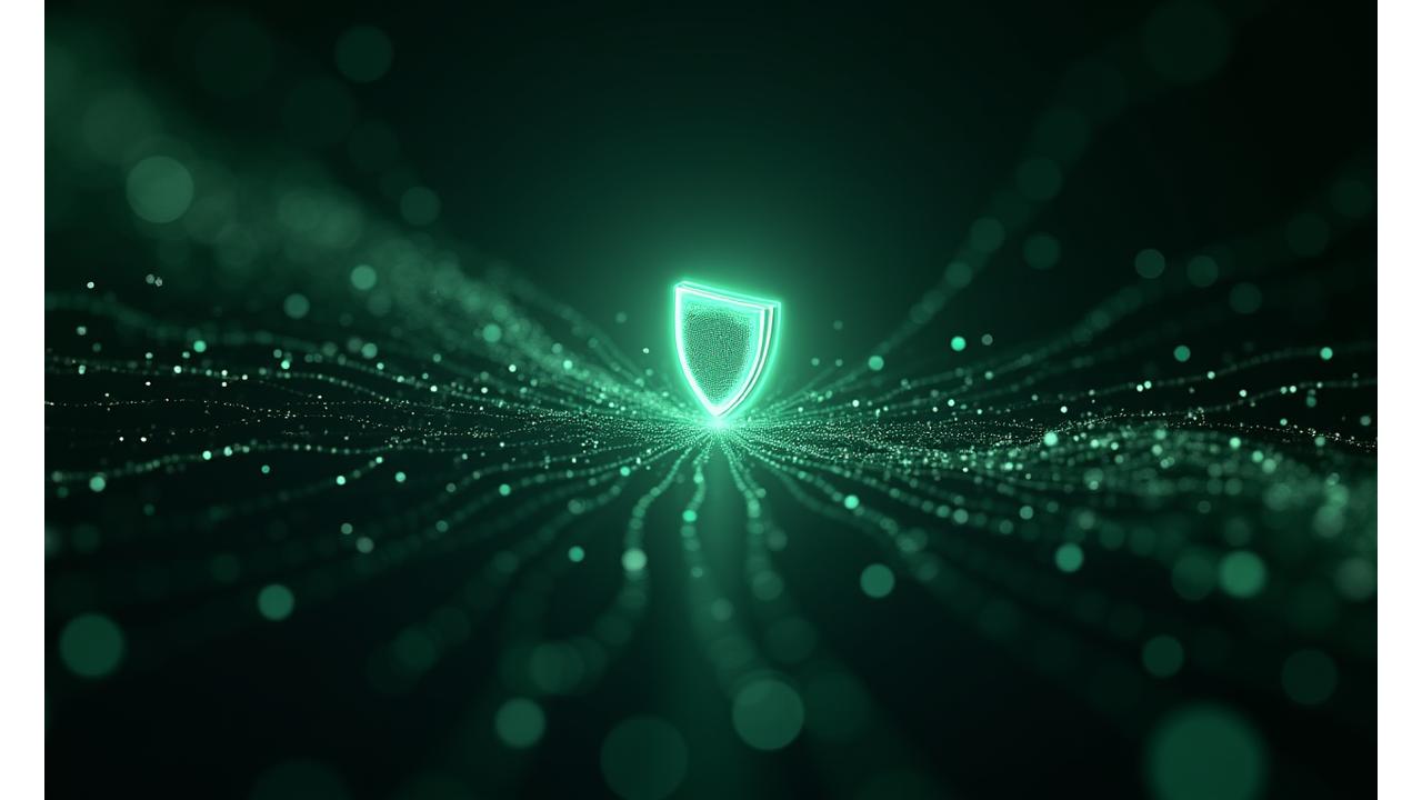Representación de datos fluyendo de forma segura a través de una red protectora, con íconos de encriptación y acceso controlado. Se observa un escudo digital.