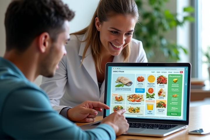 Nutricionista explicando un plan alimentario personalizado a un atleta con gráficos y un portátil.