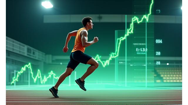 Atleta en la pista de atletismo, con gráficos superpuestos midiendo velocidad y potencia.