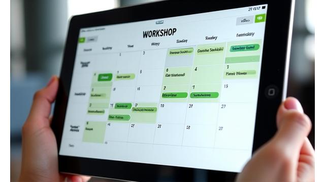 Un calendario digital o una aplicación de reserva mostrando fechas disponibles para talleres, con algunas fechas resaltadas como 'inscrito' o 'agotado'.