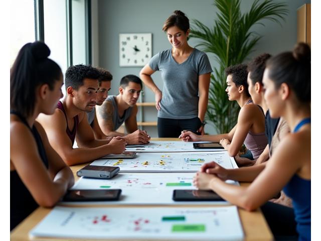 Atletas y profesionales interactuando activamente en un taller de nutrición deportiva, utilizando pizarras y tablets.