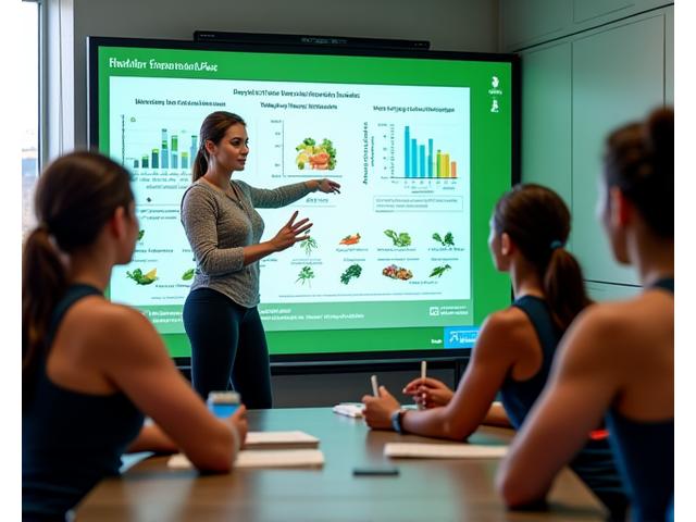 Un nutricionista experto explicando un gráfico o plan de alimentación a un grupo de atletas, enfatizando la interacción y la aplicación práctica.