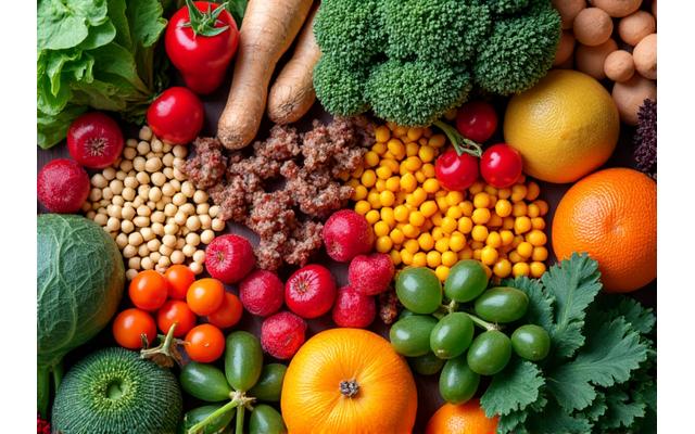 Variedad de alimentos vegetales frescos y coloridos como frutas, verduras, legumbres y frutos secos, dispuesto artísticamente, representando la nutrición plant-based.