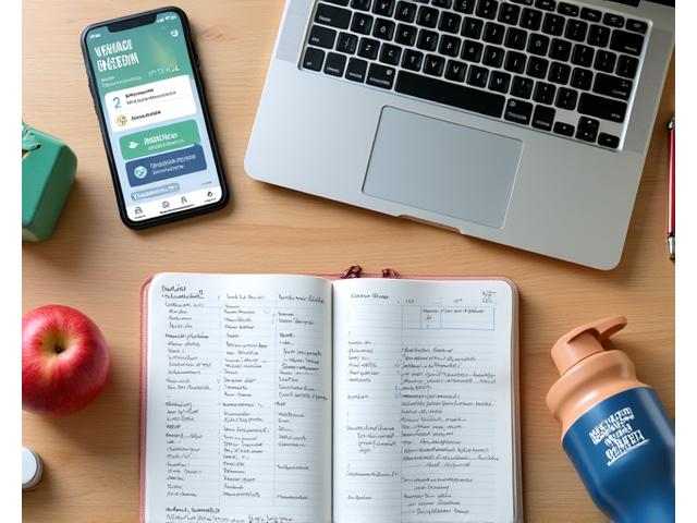 Una mesa con diversos materiales educativos: un portátil mostrando un webinar, un teléfono con una app de nutrición, un cuaderno con apuntes, tazas de café, simbolizando el aprendizaje continuo.