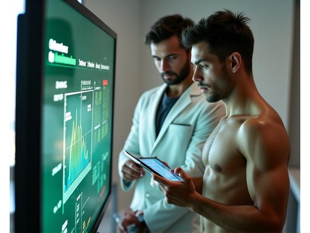 Equipo de Pyra Strength trabajando en conjunto con un atleta, revisando datos nutricionales en una tableta.