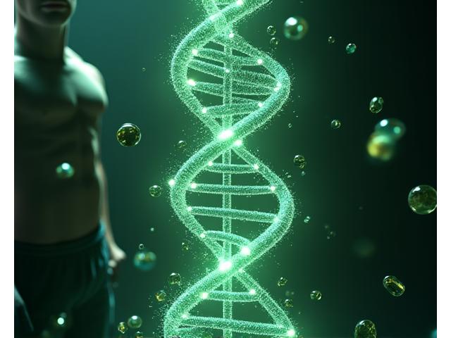 Visualización futurista de una doble hélice de ADN con puntos de luz y suplementos personalizados flotando alrededor, un atleta borroso pero fuerte en el fondo.