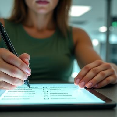 Primer plano de un atleta completando un formulario de salud, mostrando compromiso y transparencia.